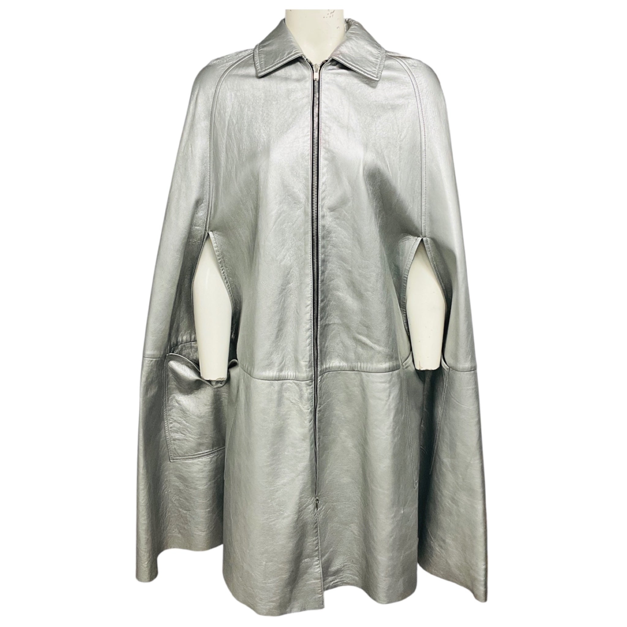 Saint Laurent Silver Metallic Zip Front Leather Cape
