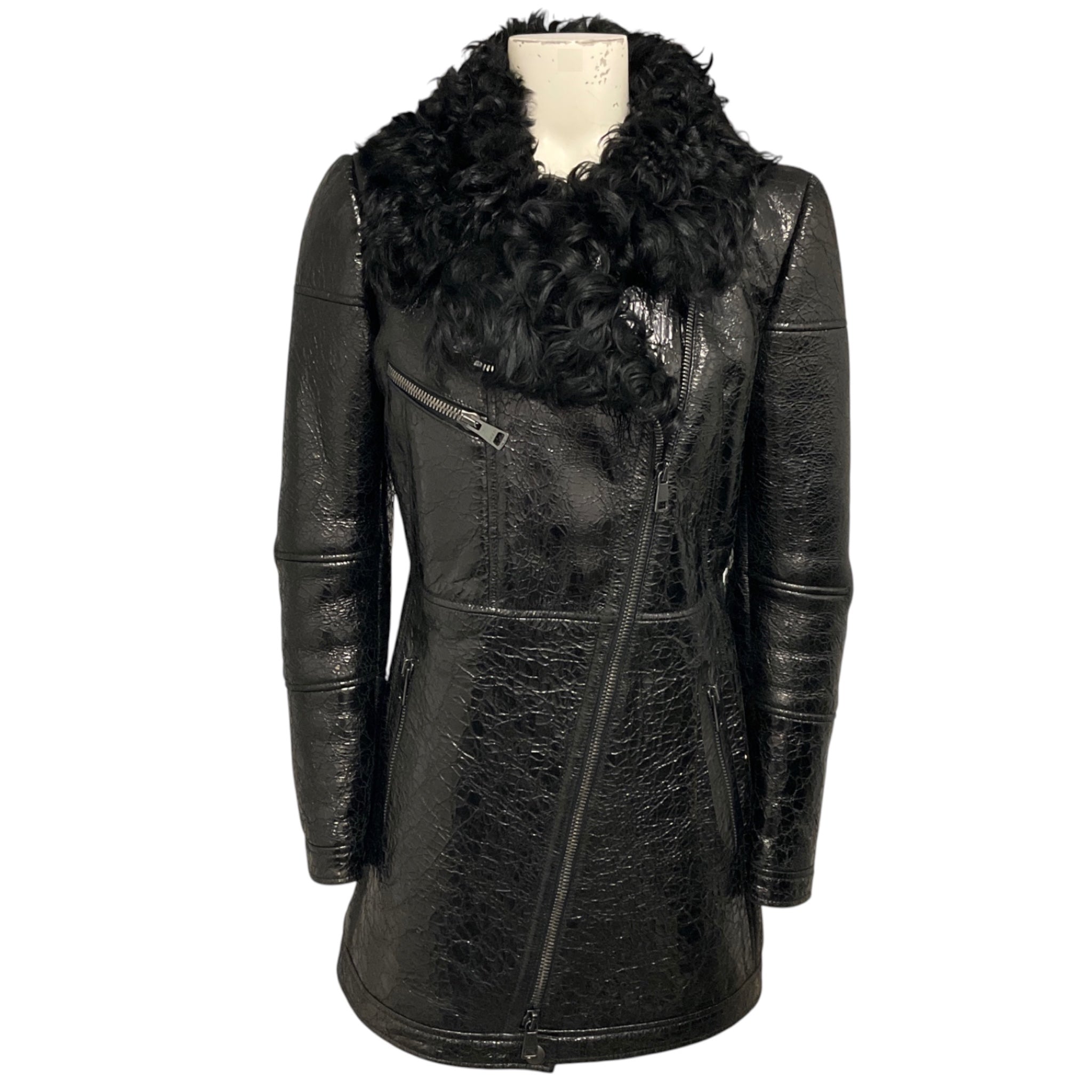 Gucci Vintage Black Lamb Shearling Lined Crinkled Patent Leather Coat