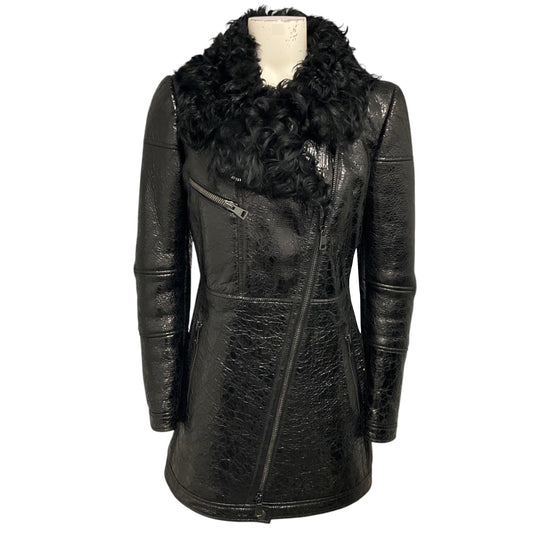 Gucci Vintage Black Lamb Shearling Lined Crinkled Patent Leather Coat