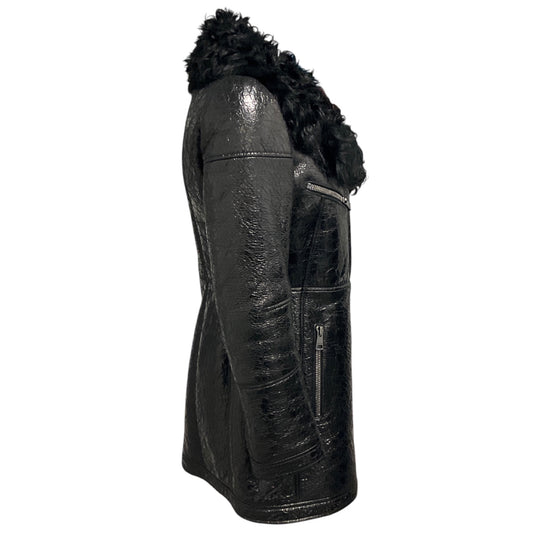 Gucci Vintage Black Lamb Shearling Lined Crinkled Patent Leather Coat