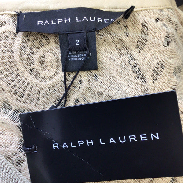 Ralph Lauren Black Label Tan Lambskin Leather Trimmed Open Front Lace Jacket