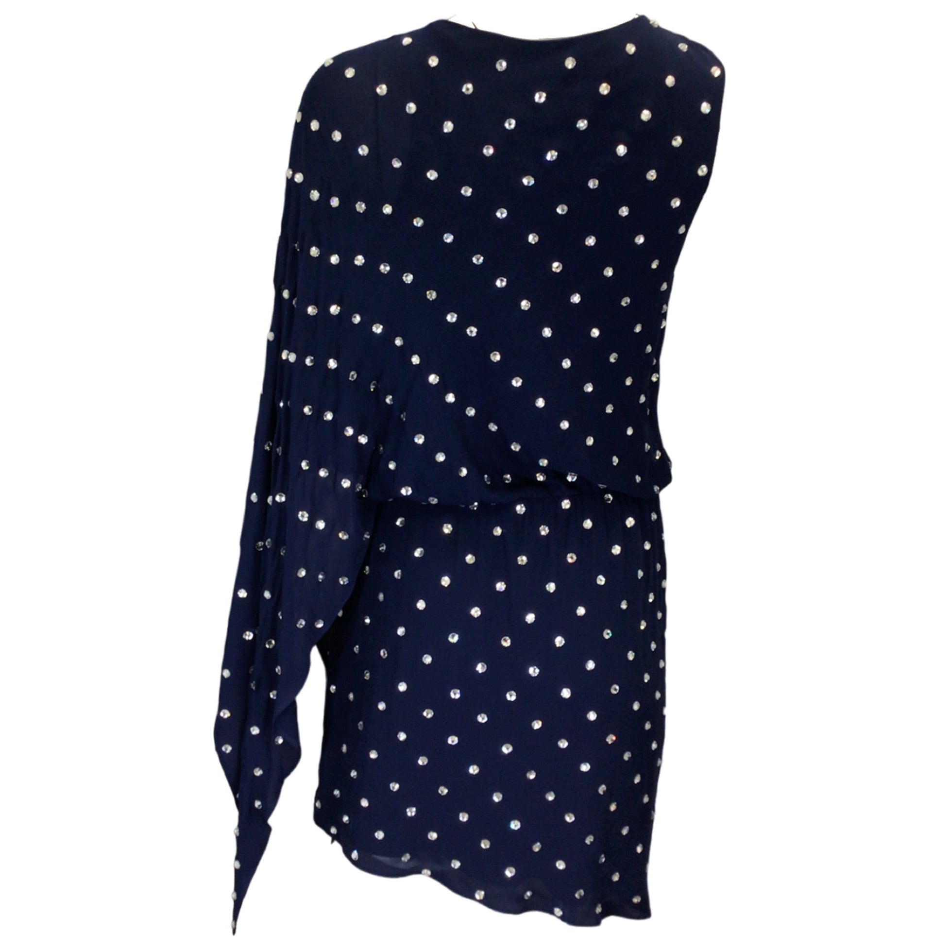 Haney Navy Blue Crystal Embellished One Sleeve Asymmetric Silk Dress