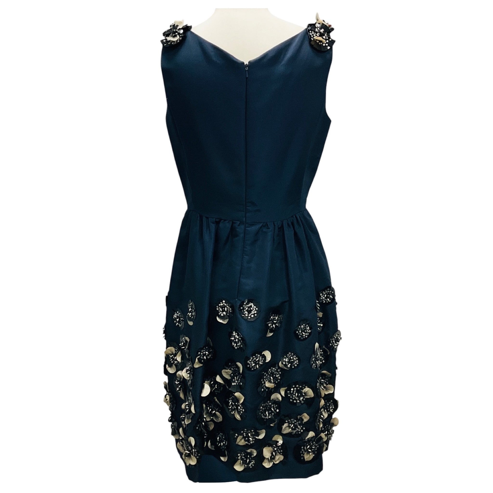 Oscar de la Renta Navy Embellished Sleeveless Silk Cocktail Dress