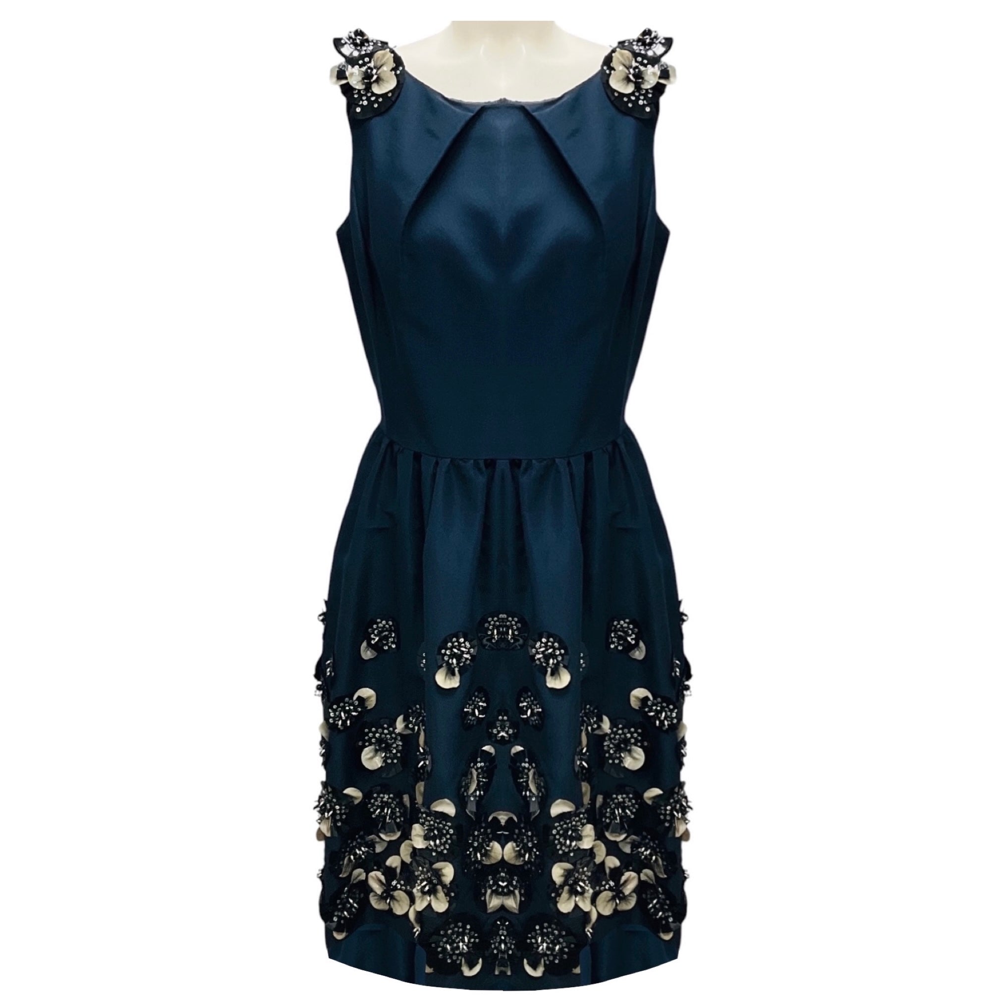 Oscar de la Renta Navy Embellished Sleeveless Silk Cocktail Dress