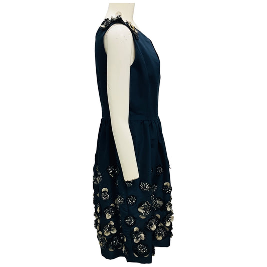 Oscar de la Renta Navy Embellished Sleeveless Silk Cocktail Dress