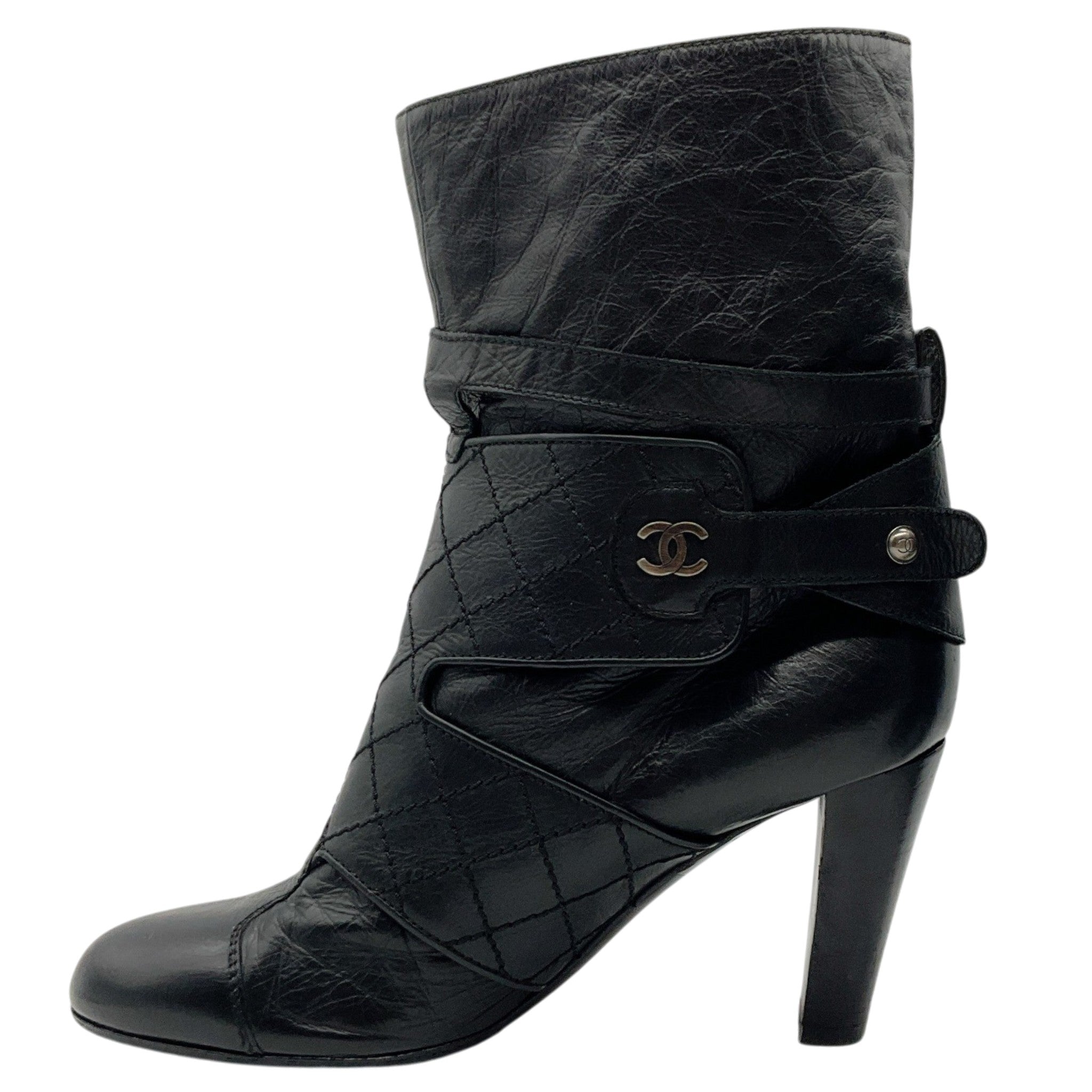Chanel Black Leather Quilted Ankle Boots