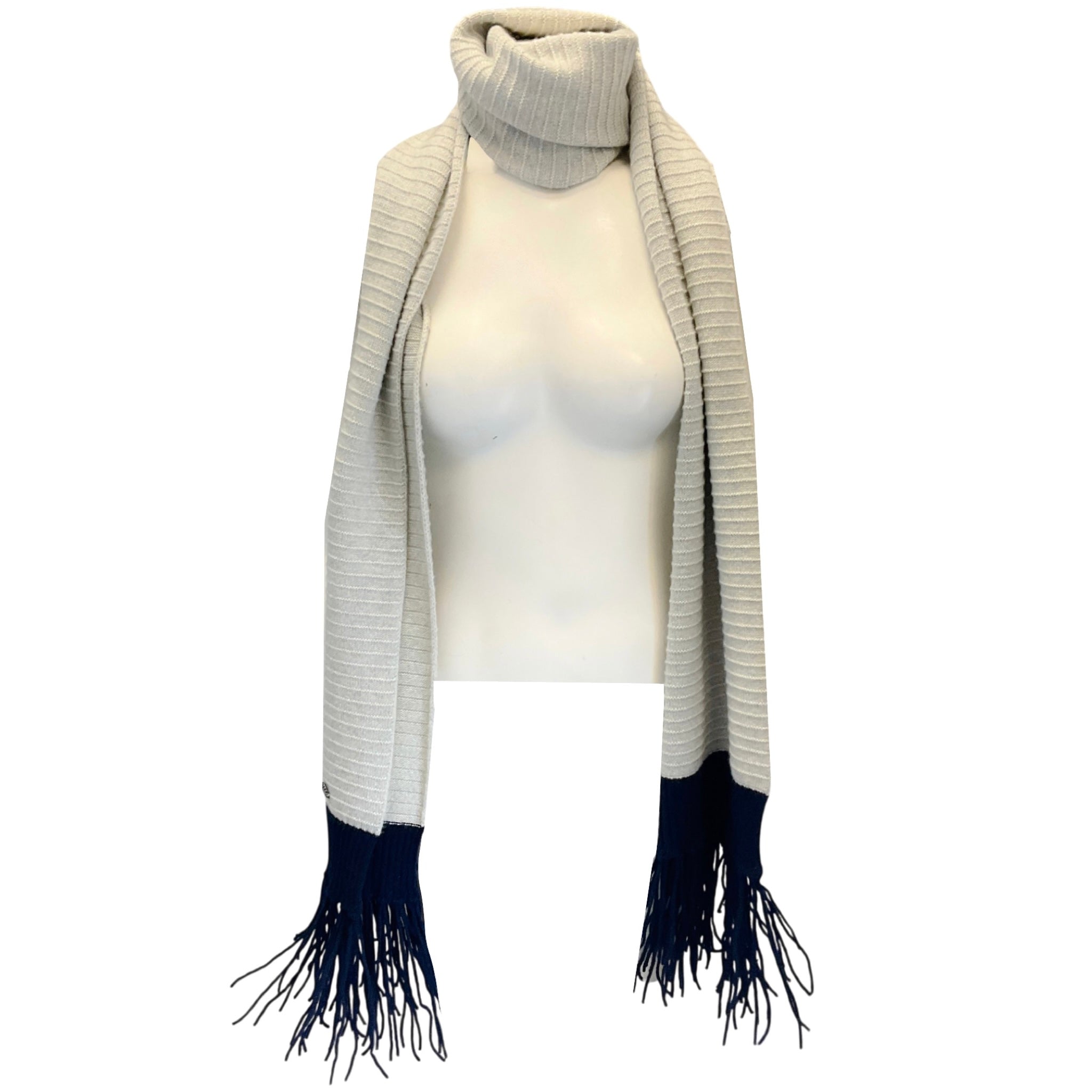 Chanel Silver / Grey / Navy 2008 Fringed Cashmere Knit Scarf
