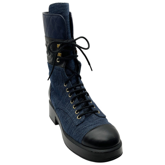 Chanel Blue Denim and Black Leather Lace Up Combat Boots
