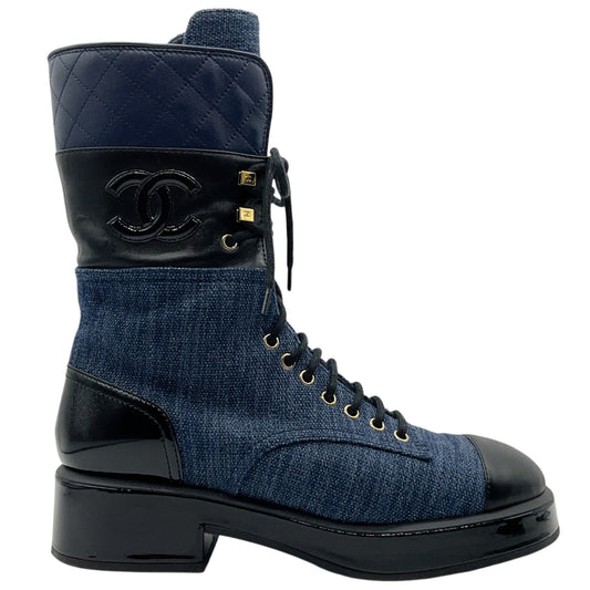 Chanel Blue Denim and Black Leather Lace Up Combat Boots