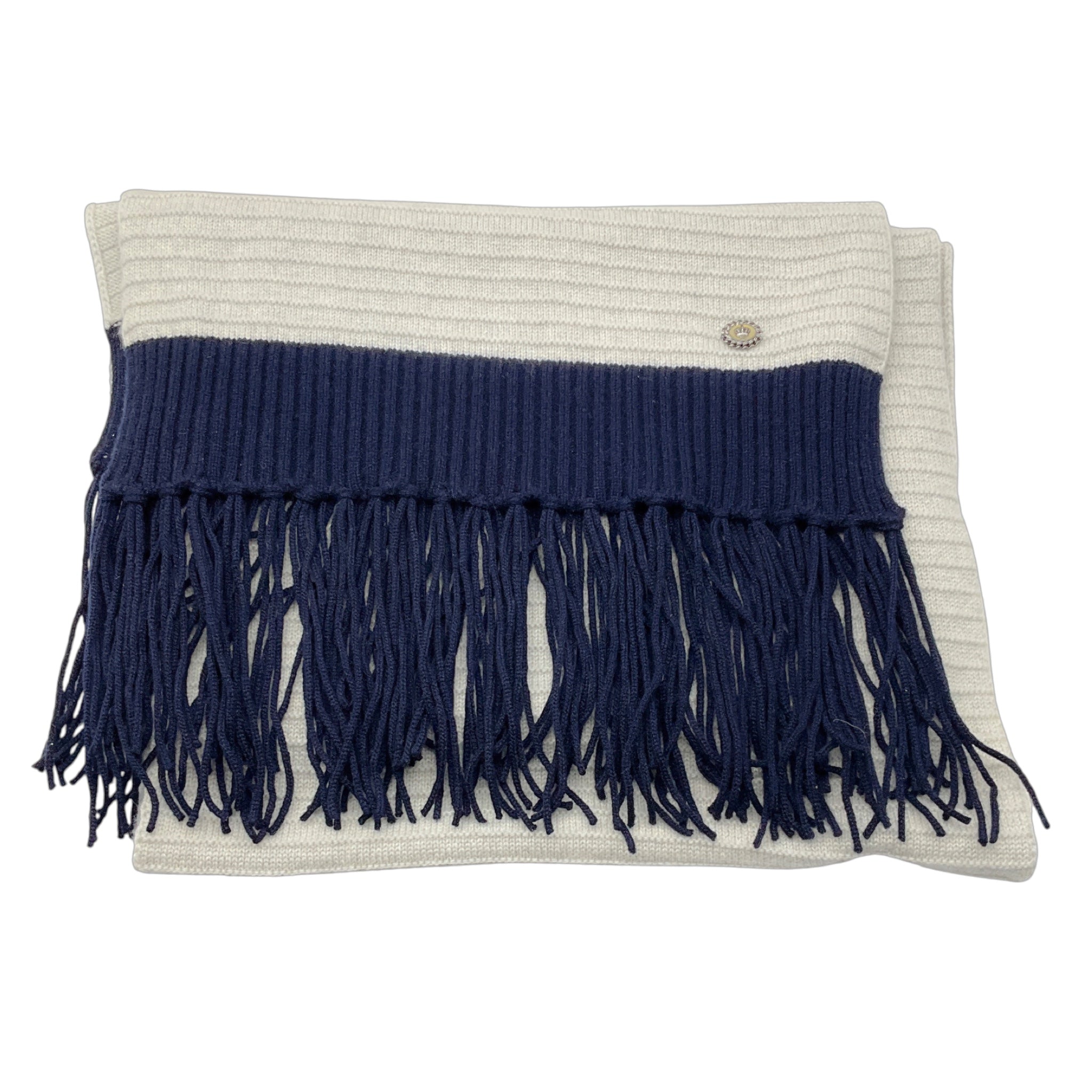 Chanel Silver / Grey / Navy 2008 Fringed Cashmere Knit Scarf
