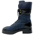 Load image into Gallery viewer, Chanel Blue Denim and Black Leather Lace Up Combat Boots
