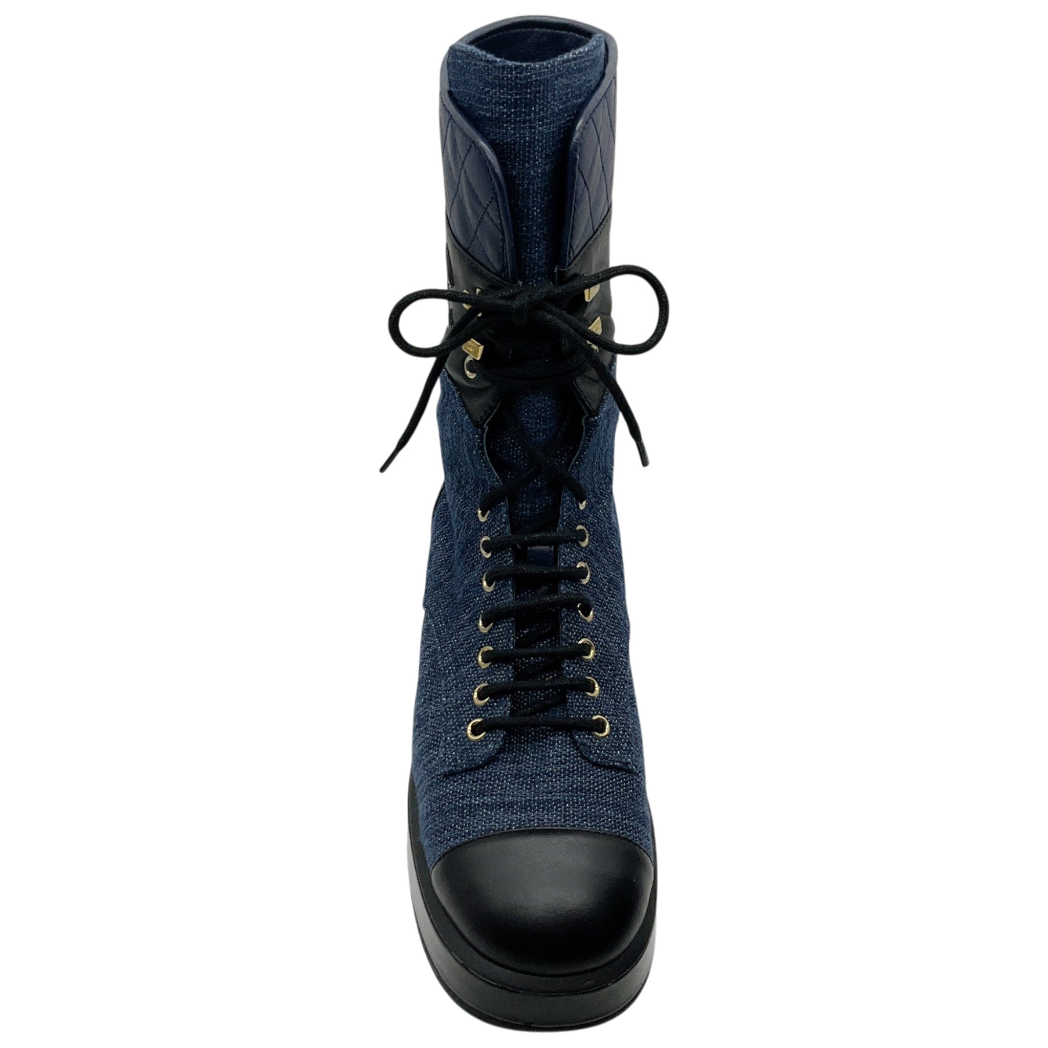 Chanel Blue Denim and Black Leather Lace Up Combat Boots