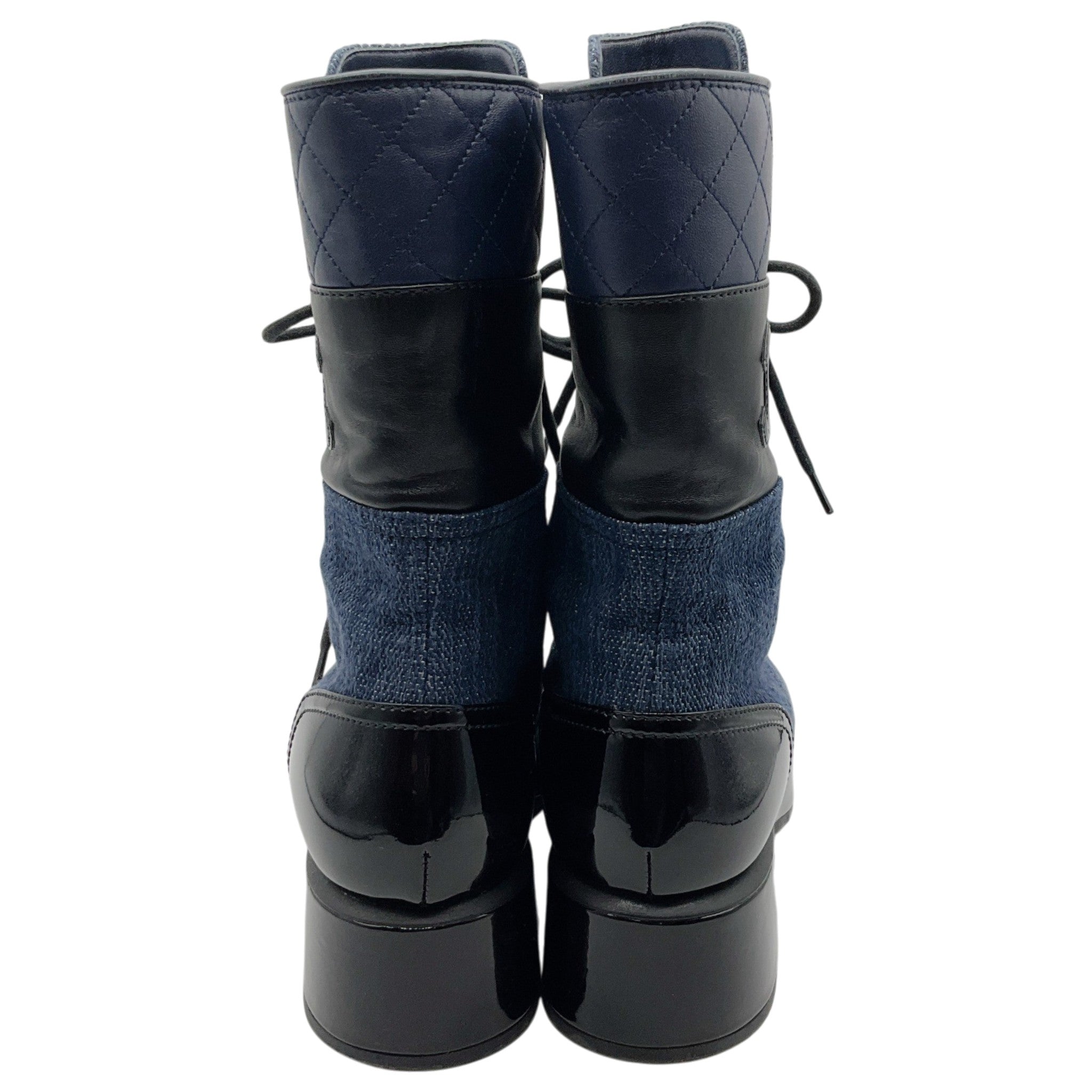 Chanel Blue Denim and Black Leather Lace Up Combat Boots