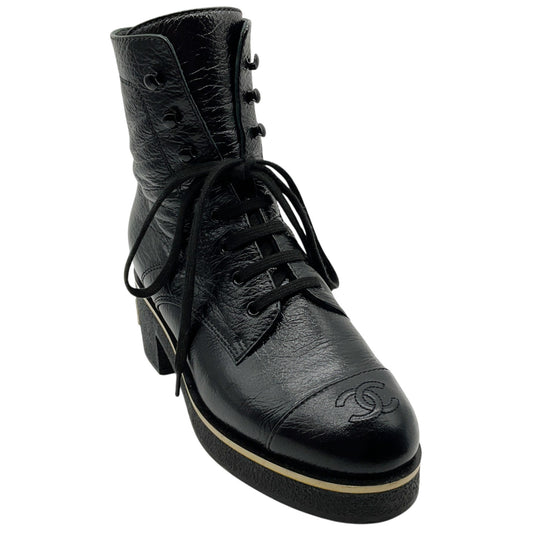 Chanel Black Crinkled Patent Leather Lace Up Combat Boots
