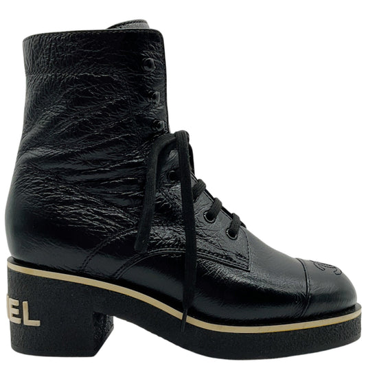 Chanel Black Crinkled Patent Leather Lace Up Combat Boots