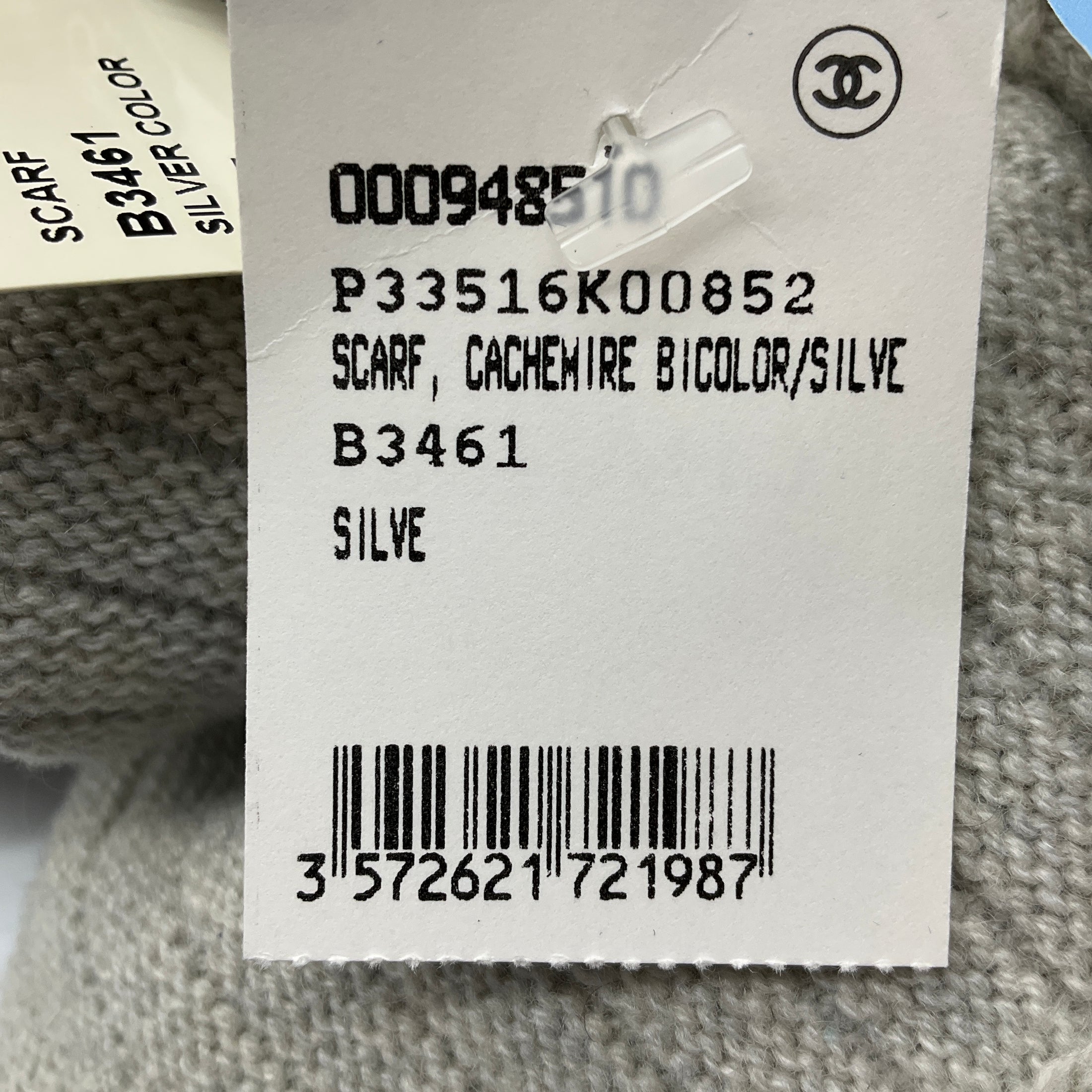 Chanel Silver / Grey / Navy 2008 Fringed Cashmere Knit Scarf