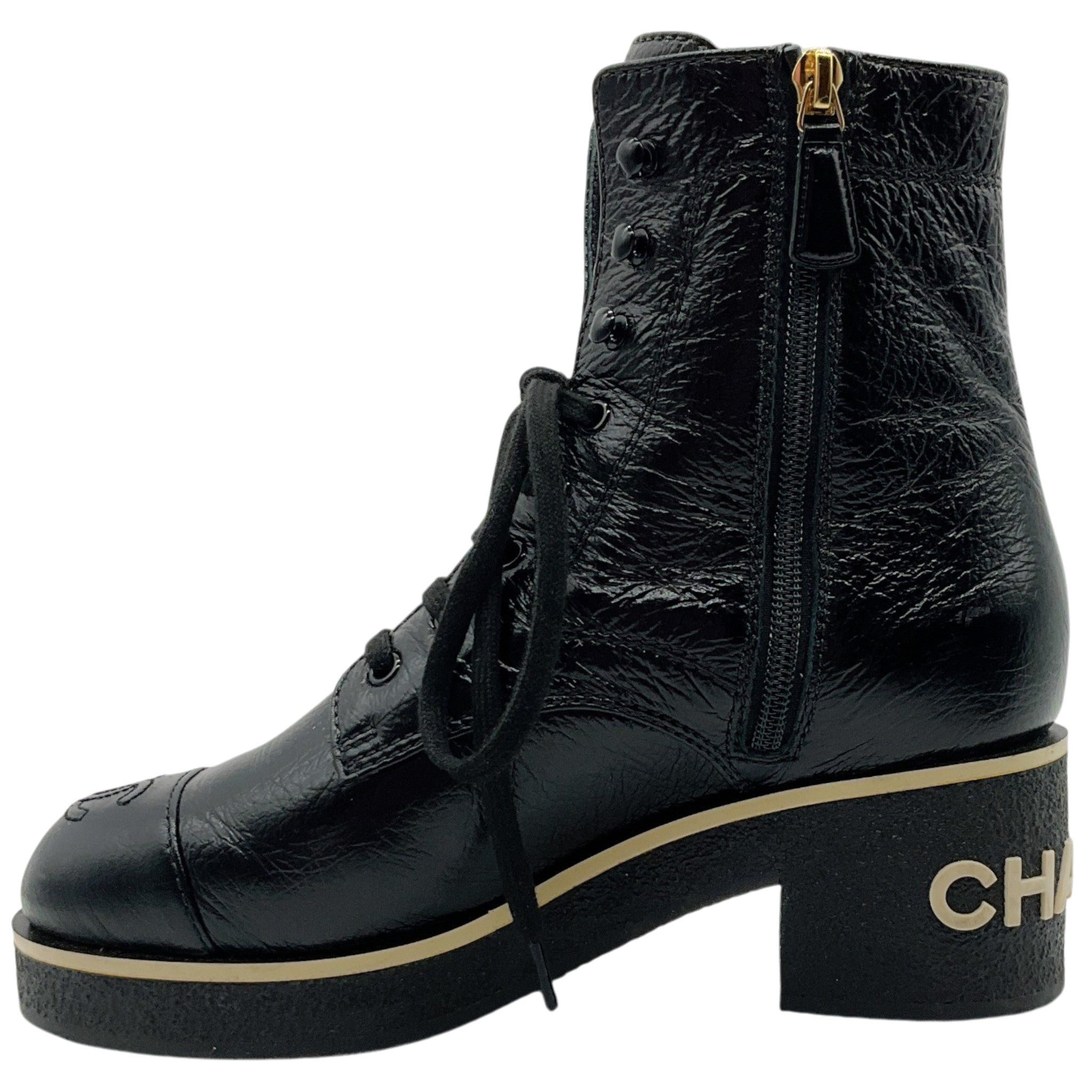 Chanel Black Crinkled Patent Leather Lace Up Combat Boots
