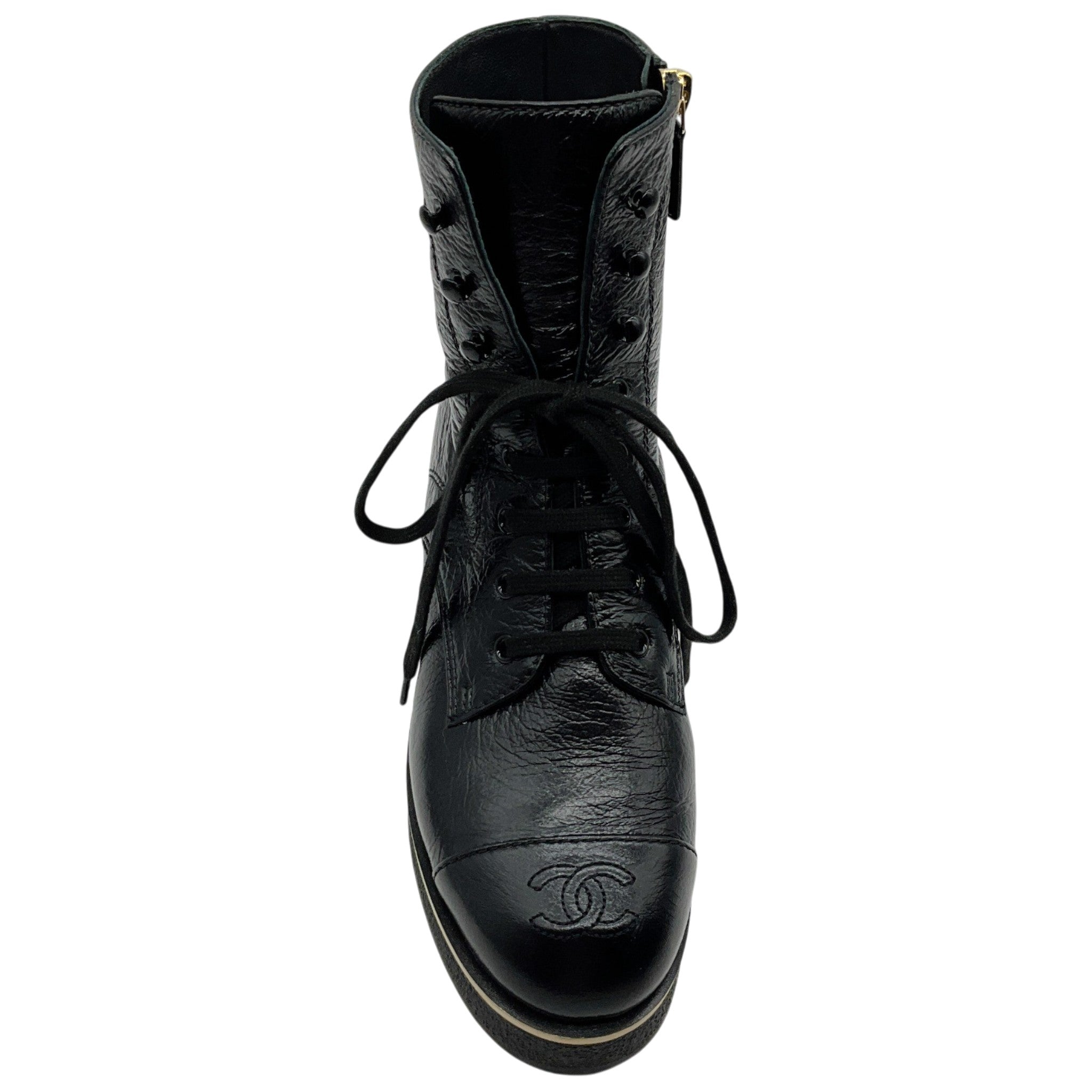 Chanel Black Crinkled Patent Leather Lace Up Combat Boots