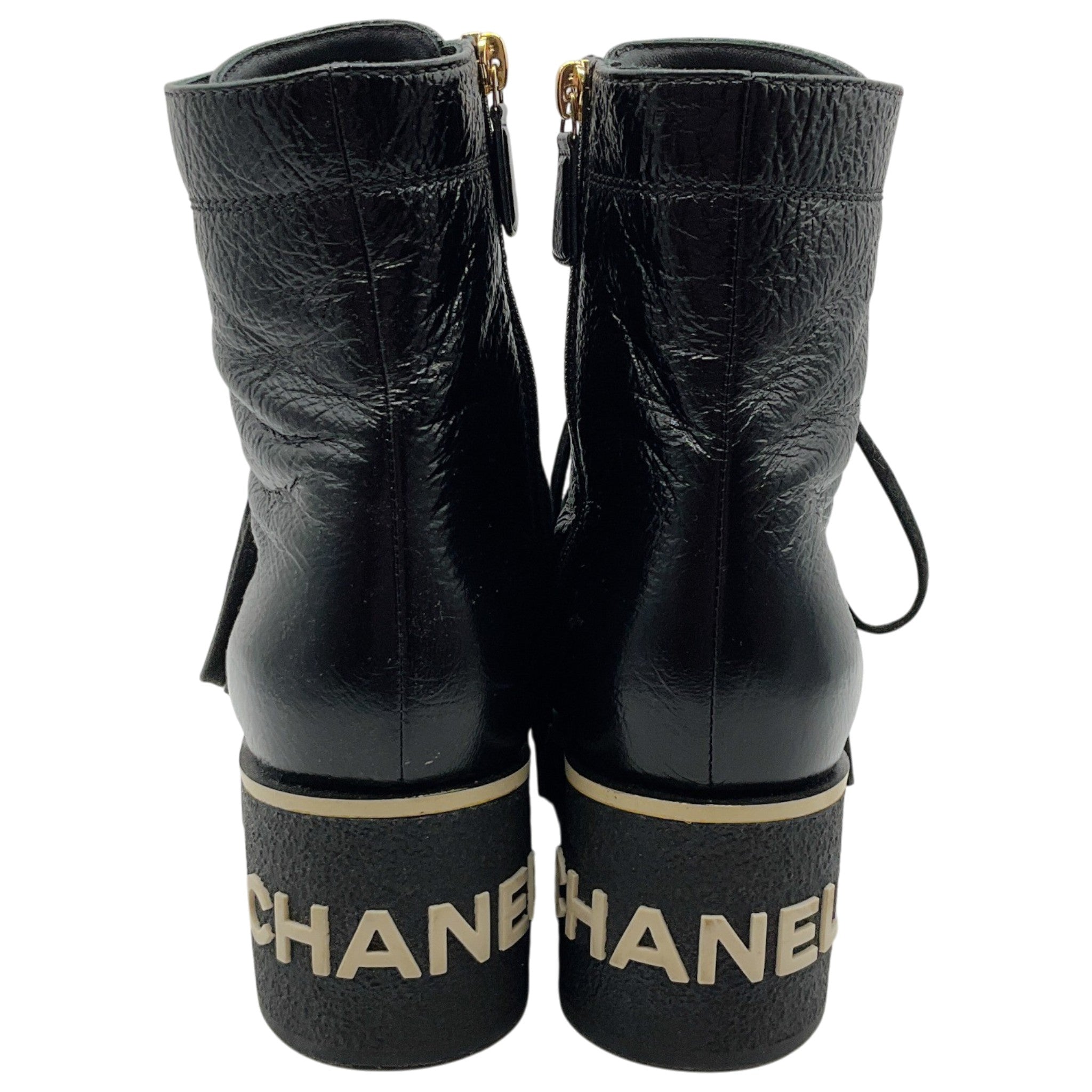 Chanel Black Crinkled Patent Leather Lace Up Combat Boots