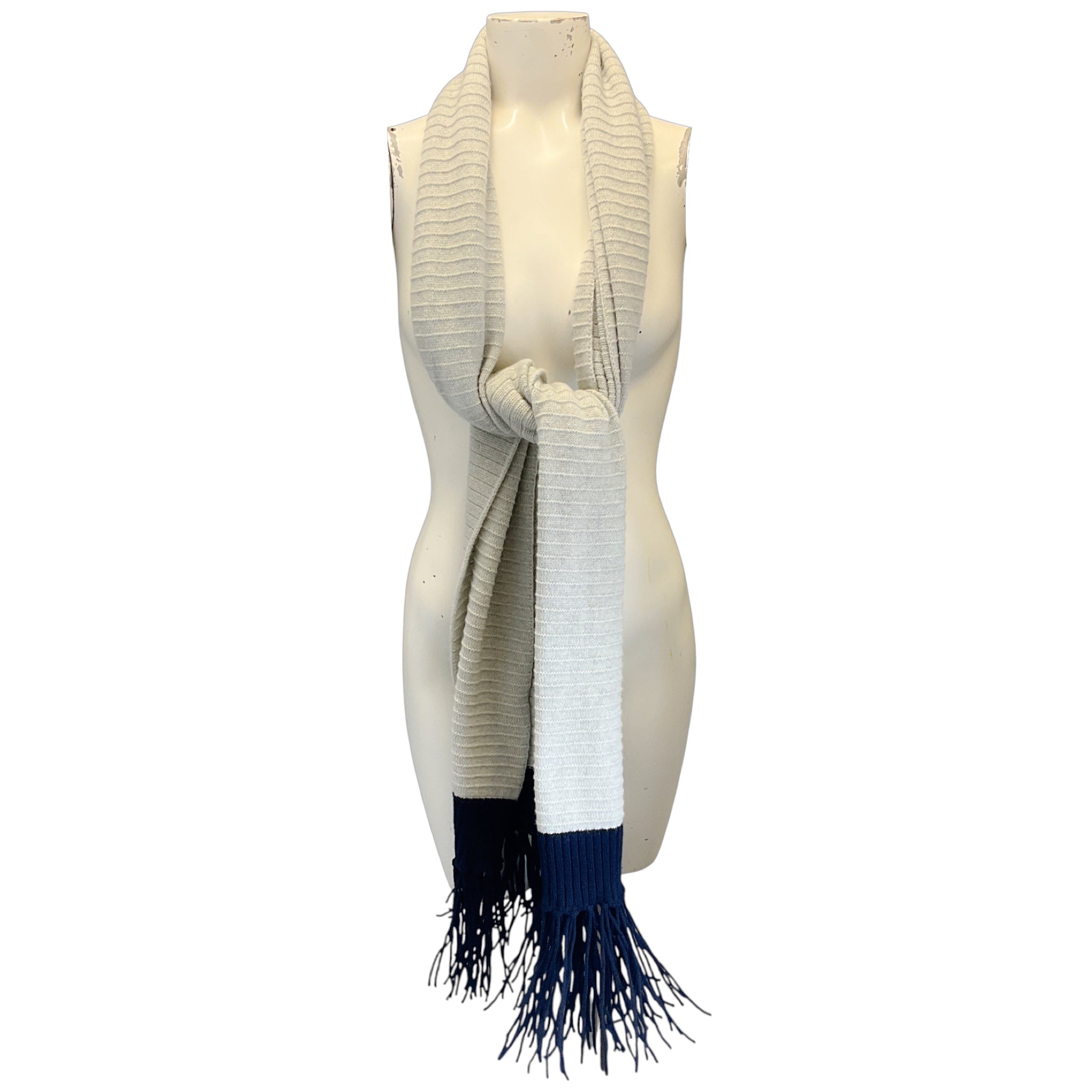 Chanel Silver / Grey / Navy 2008 Fringed Cashmere Knit Scarf