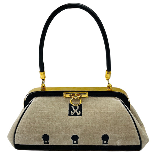 Roberta di Camerino Beige / Brown / Black Velvet and Leather Top Handle Bag with Gold Hardware