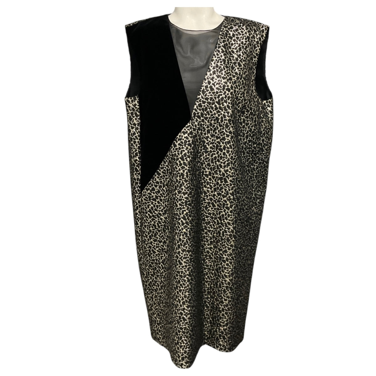 Lanvin Black / Silver / Gold Metallic Sleeveless Jacquard Dress with Velvet Trim