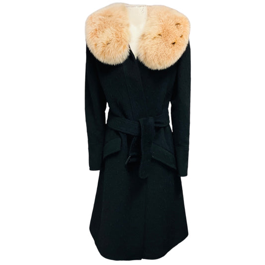 Valentino Black Belted Wool Coat with Fox Fur Collar