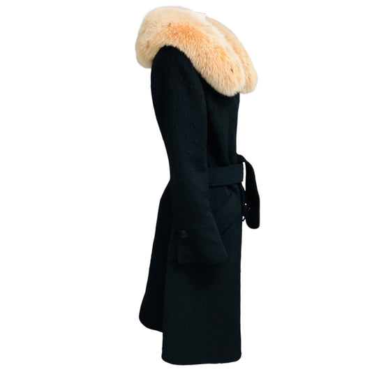 Valentino Black Belted Wool Coat with Fox Fur Collar