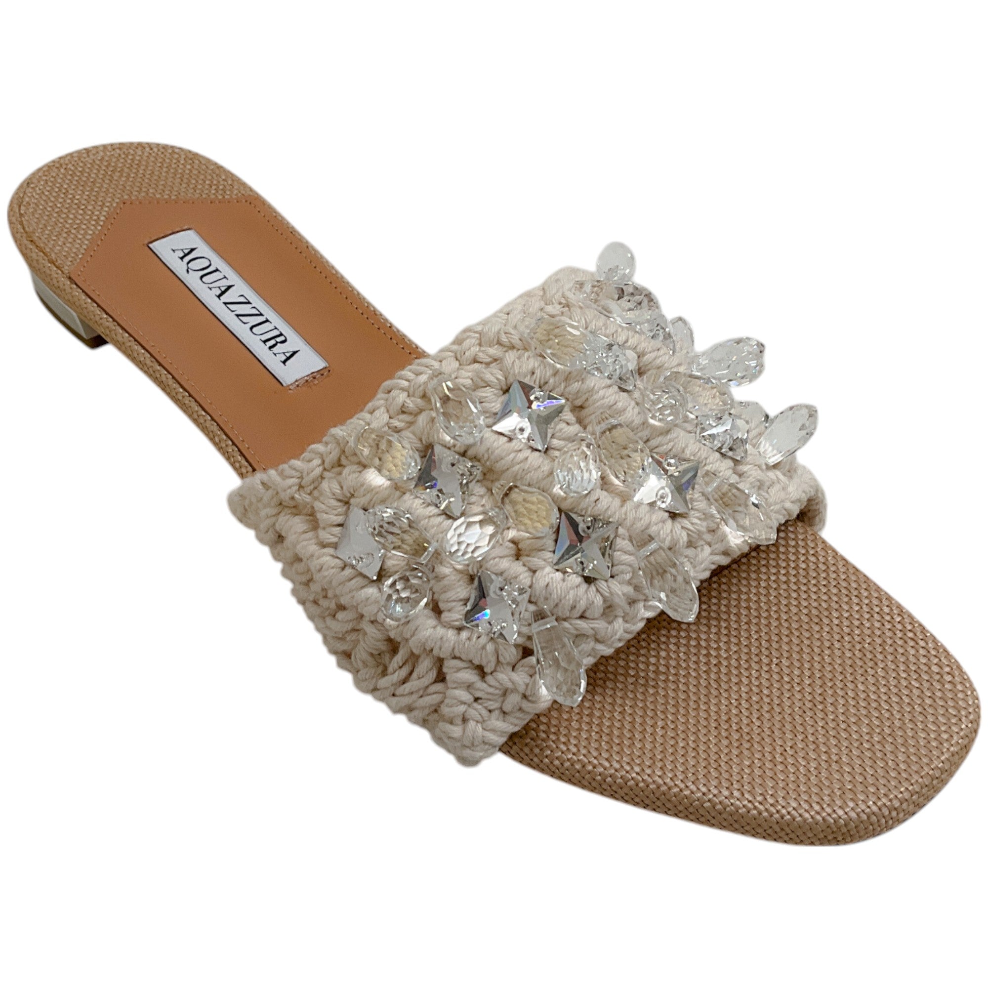 Aquazzura Natural Raffia Crystal Cote Flat Sandals
