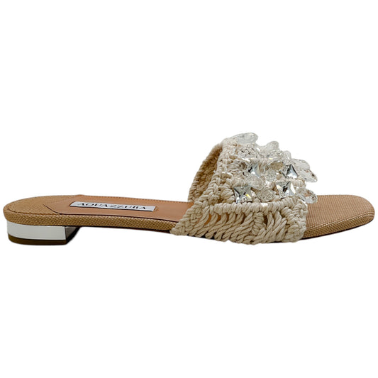 Aquazzura Natural Raffia Crystal Cote Flat Sandals