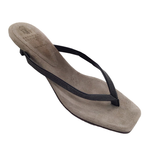 Brunello Cucinelli Grey Monili Beaded Leather and Suede Thong Sandals