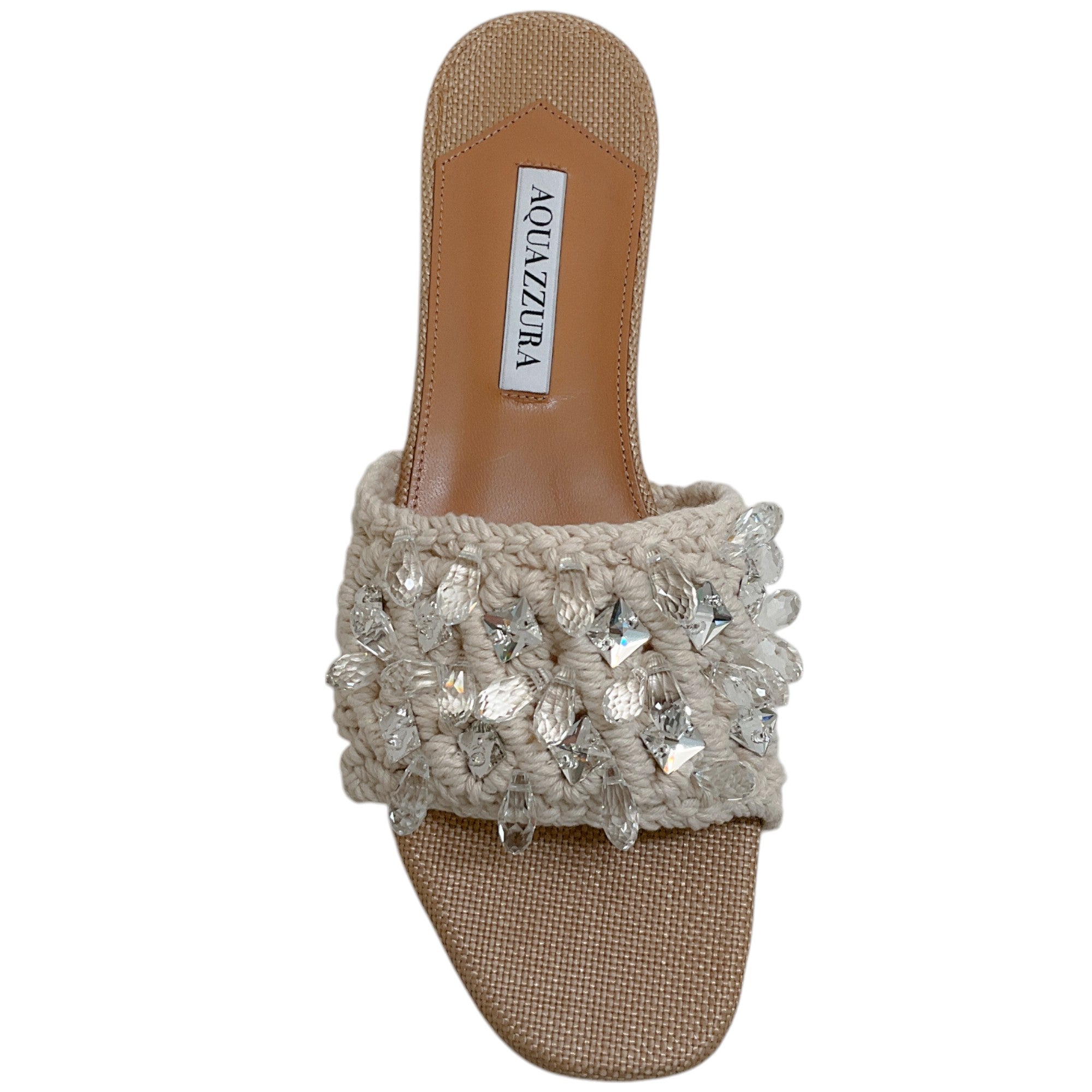 Aquazzura Natural Raffia Crystal Cote Flat Sandals