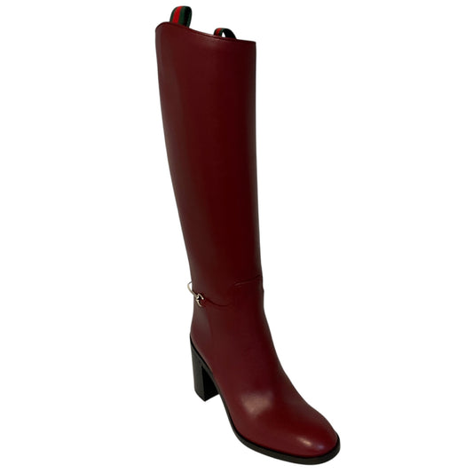Gucci Red Leather Heeled Tall Boots with Silver Horsebit Detail