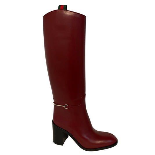 Gucci Red Leather Heeled Tall Boots with Silver Horsebit Detail