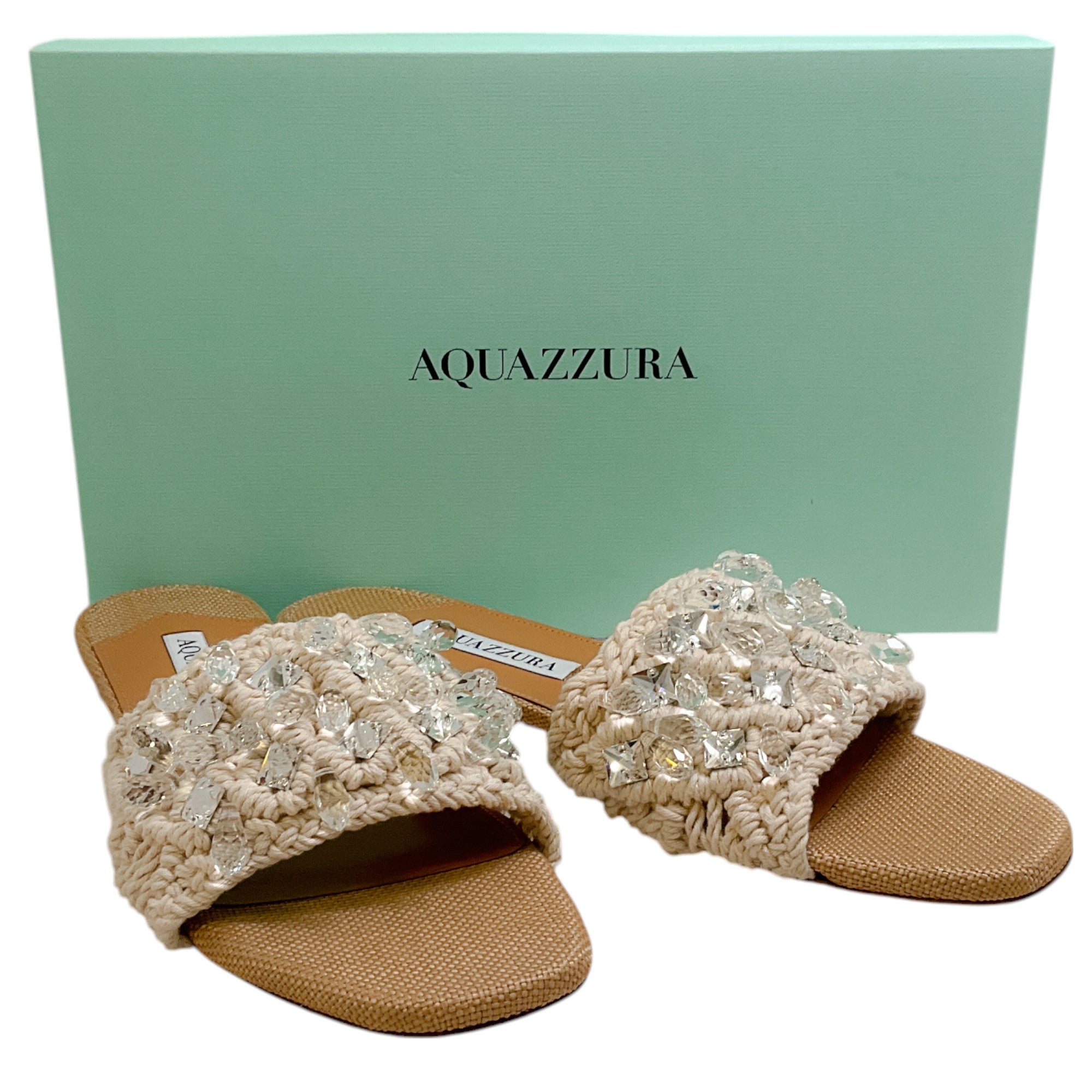 Aquazzura Natural Raffia Crystal Cote Flat Sandals