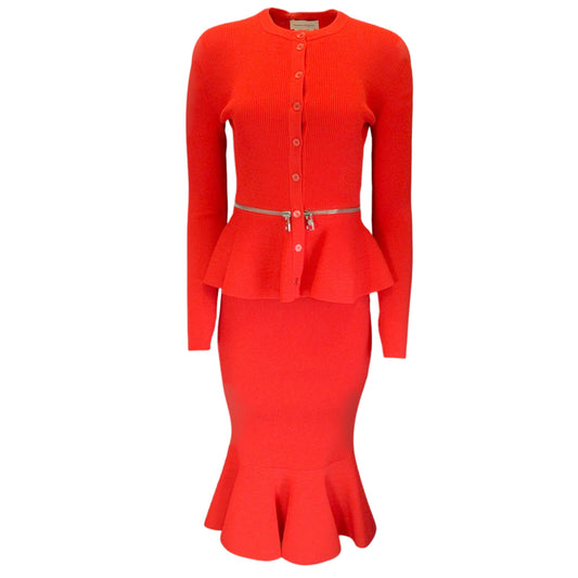 Alexander McQueen Red 2022 Ribbed Knit Cardigan and Skirt Two-Piece Set