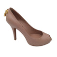 Load image into Gallery viewer, Louis Vuitton Nude / Gold Monogram Lock Detail Calfskin Leather Peep Toe Pumps
