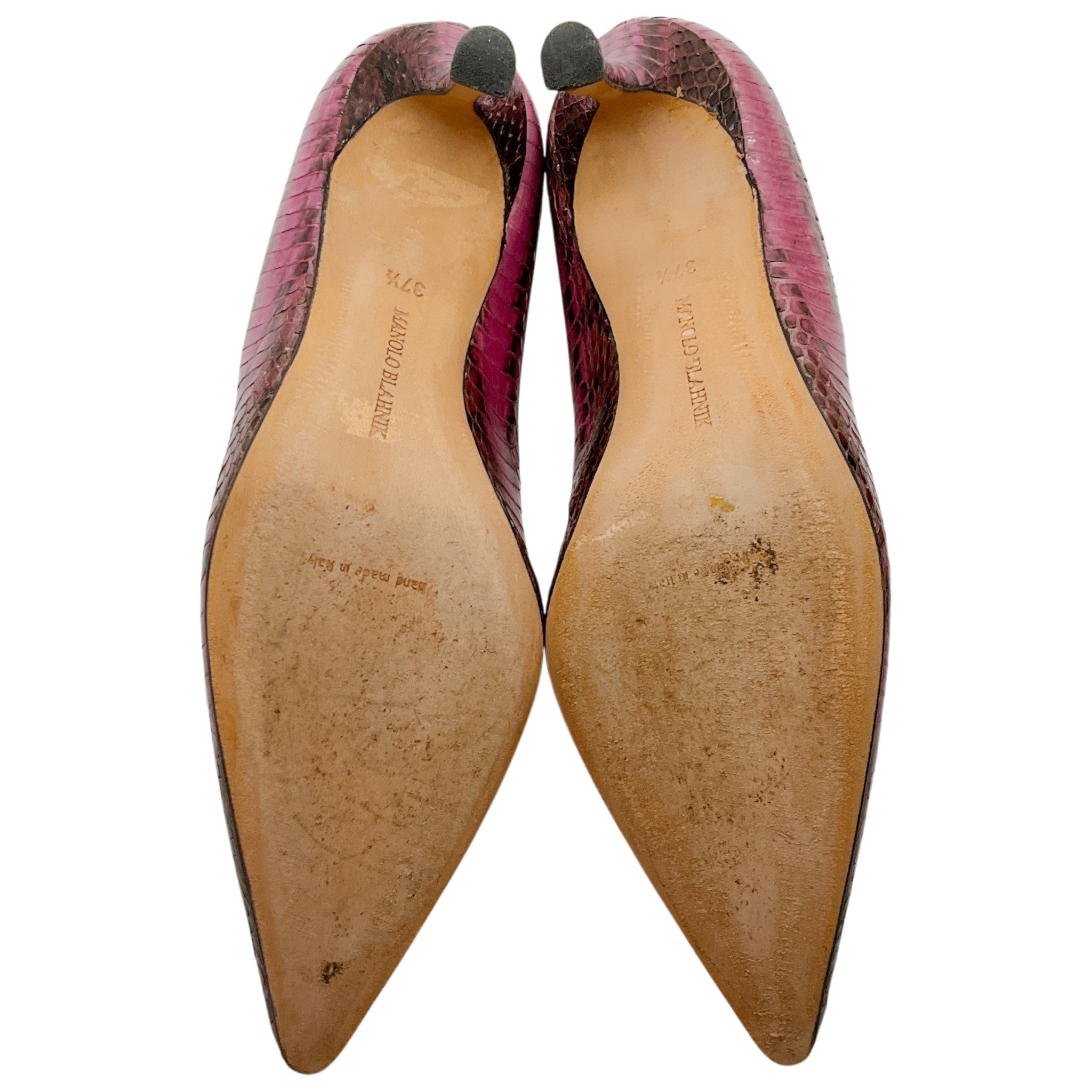 Manolo Blahnik Pink / Brown Python Embossed Leather Pumps