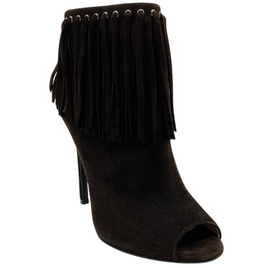 Prada Dark Brown Suede Fringe Peep Toe Booties
