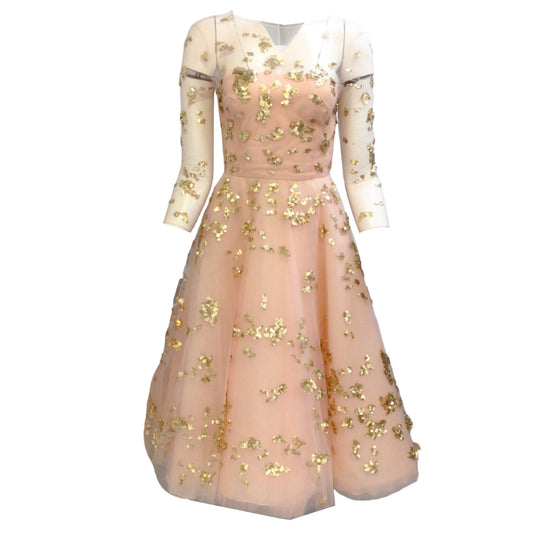 Oscar de la Renta Light Pink / Gold Sequined Mesh Tulle Dress