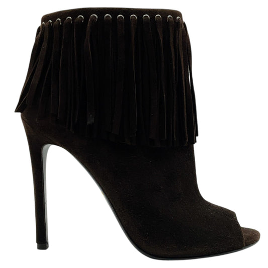 Prada Dark Brown Suede Fringe Peep Toe Booties