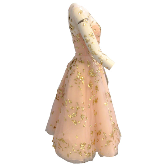 Oscar de la Renta Light Pink / Gold Sequined Mesh Tulle Dress