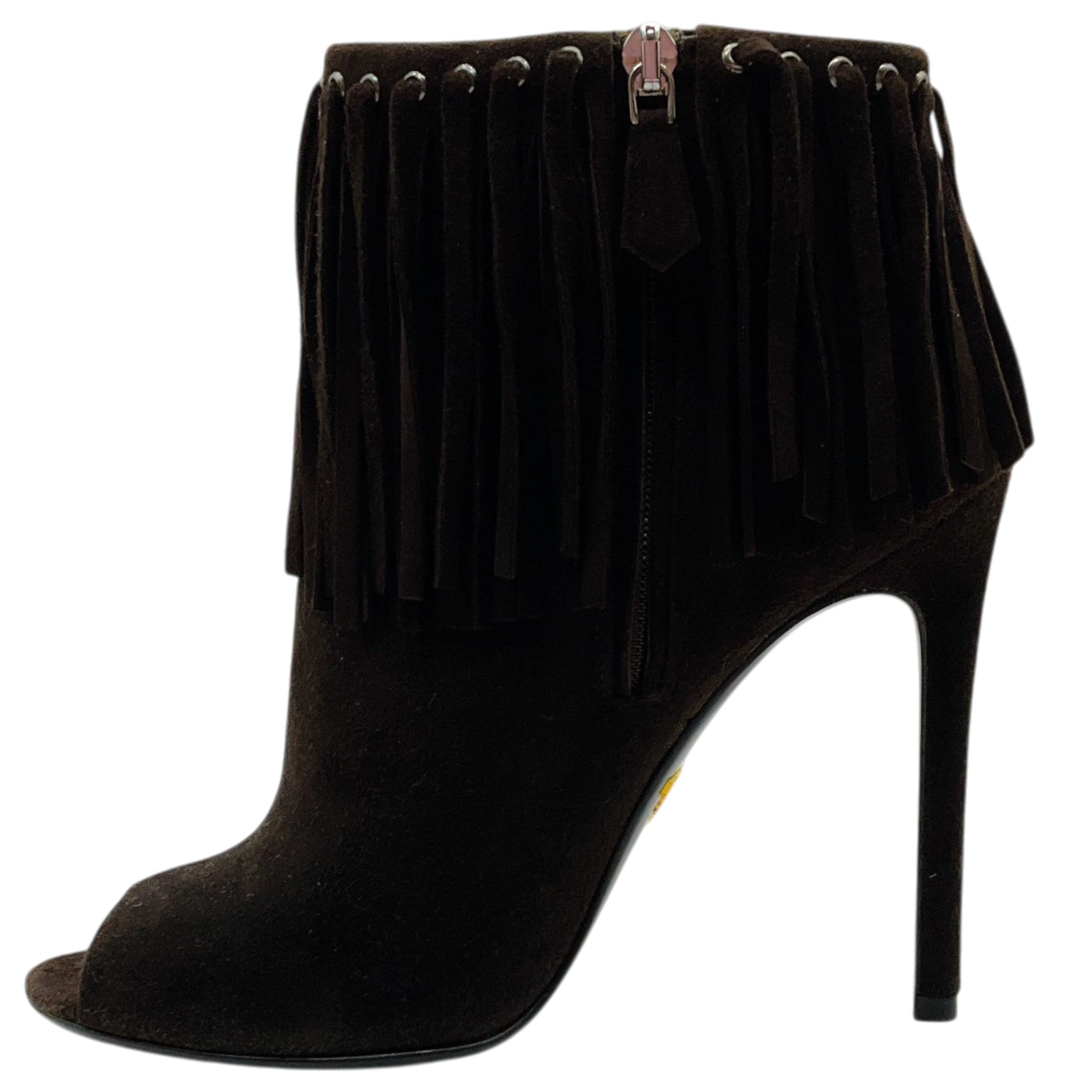 Prada Dark Brown Suede Fringe Peep Toe Booties