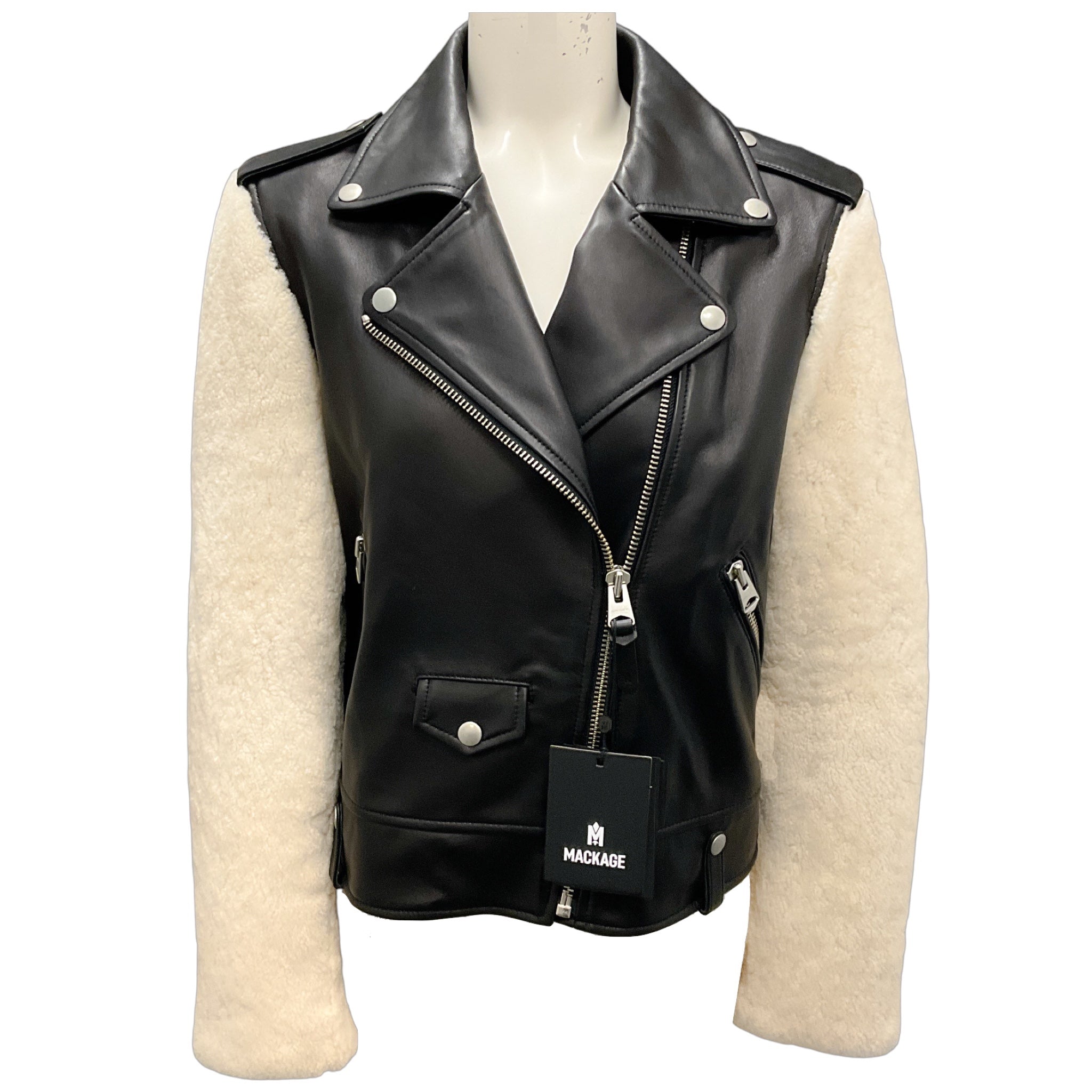 Mackage Black Baya Lambskin Leather and Shearling Biker Jacket