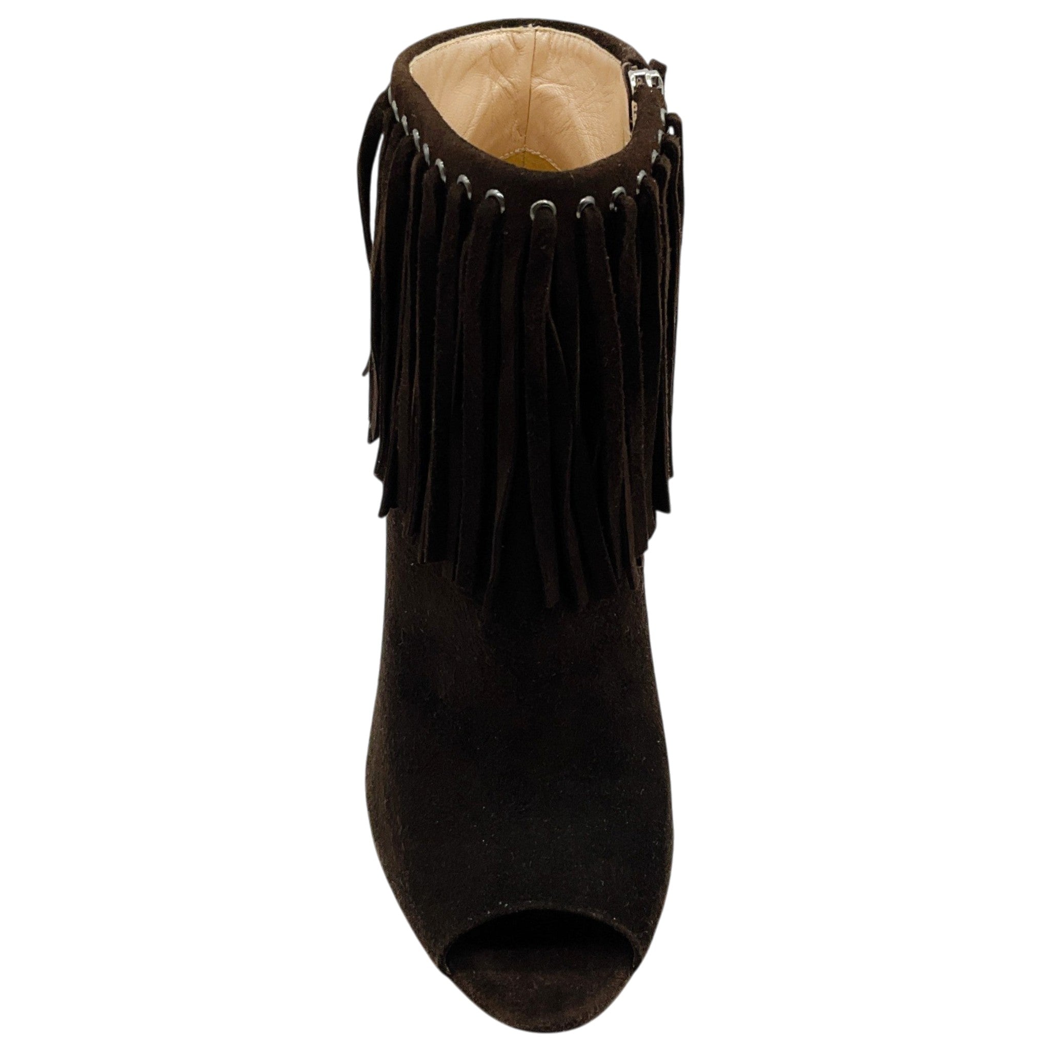 Prada Dark Brown Suede Fringe Peep Toe Booties