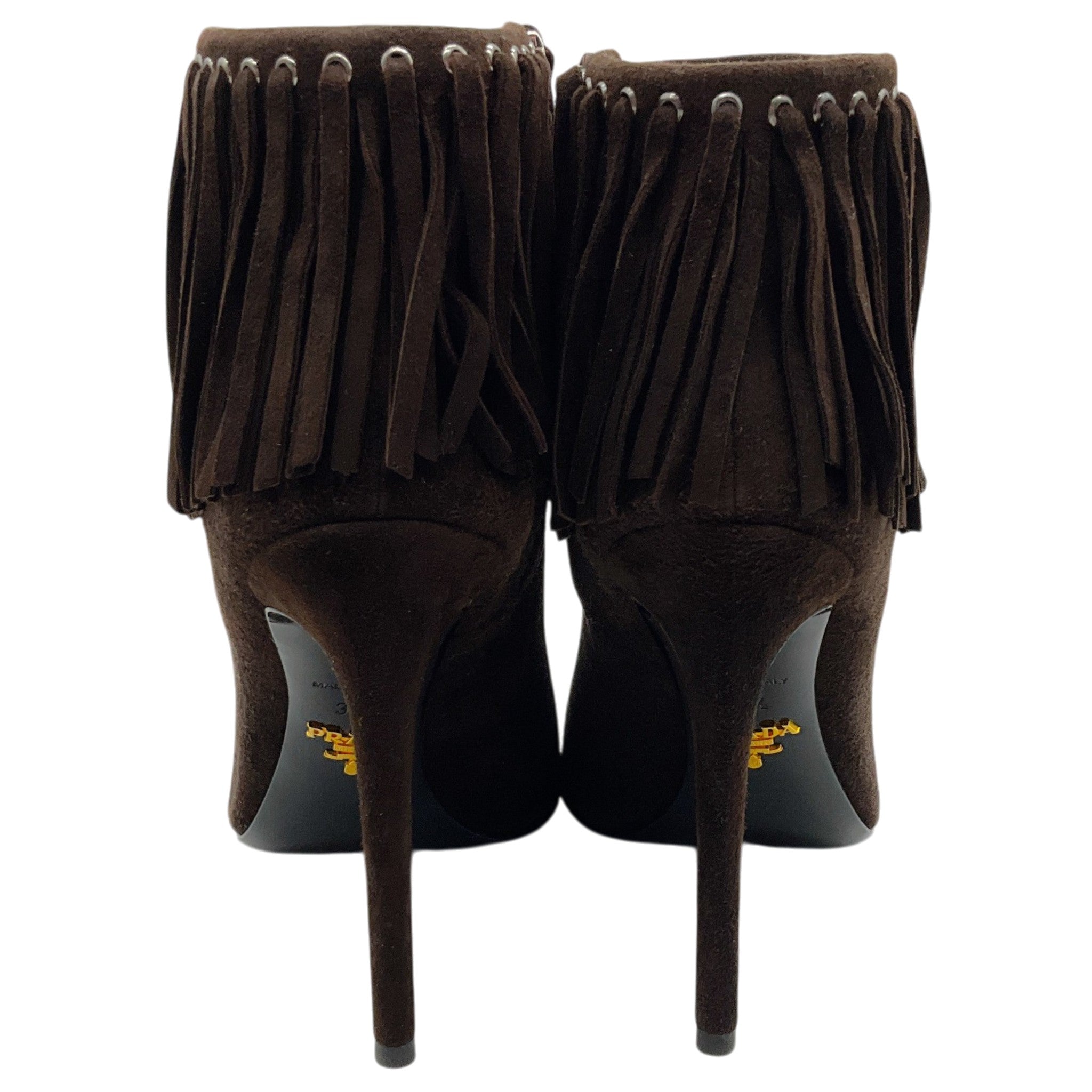 Prada Dark Brown Suede Fringe Peep Toe Booties