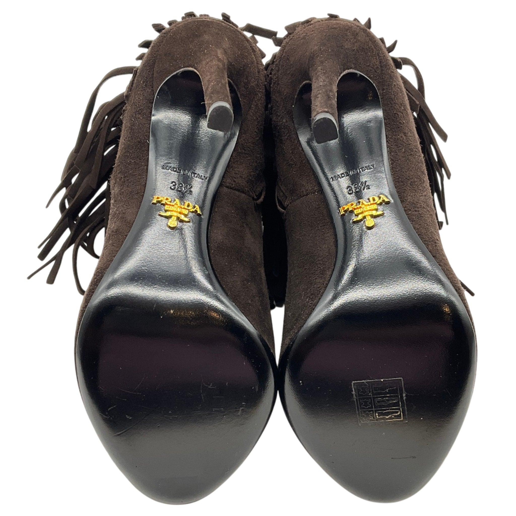 Prada Dark Brown Suede Fringe Peep Toe Booties