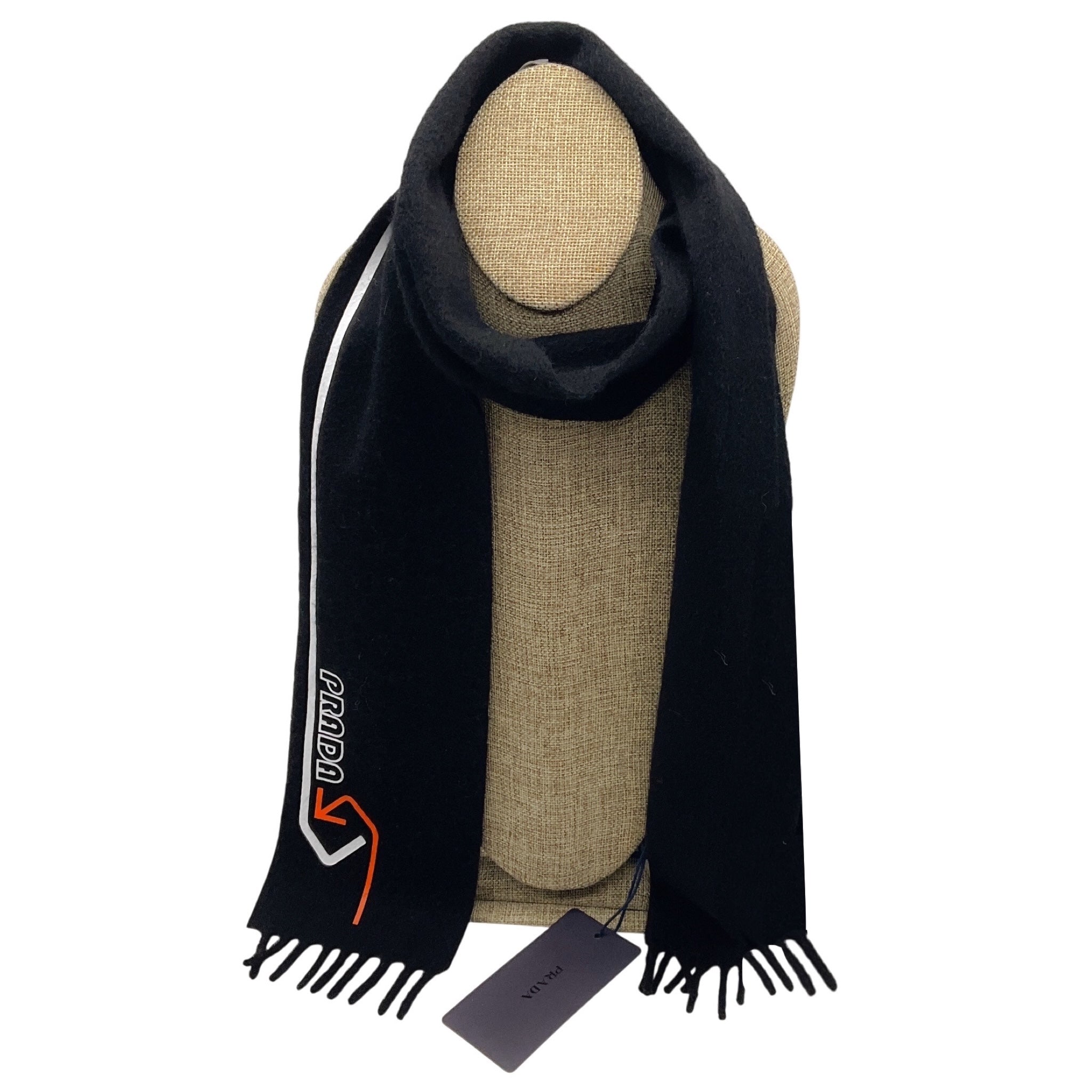 Prada Black / White / Orange Logo Print Fringed Cashmere Scarf