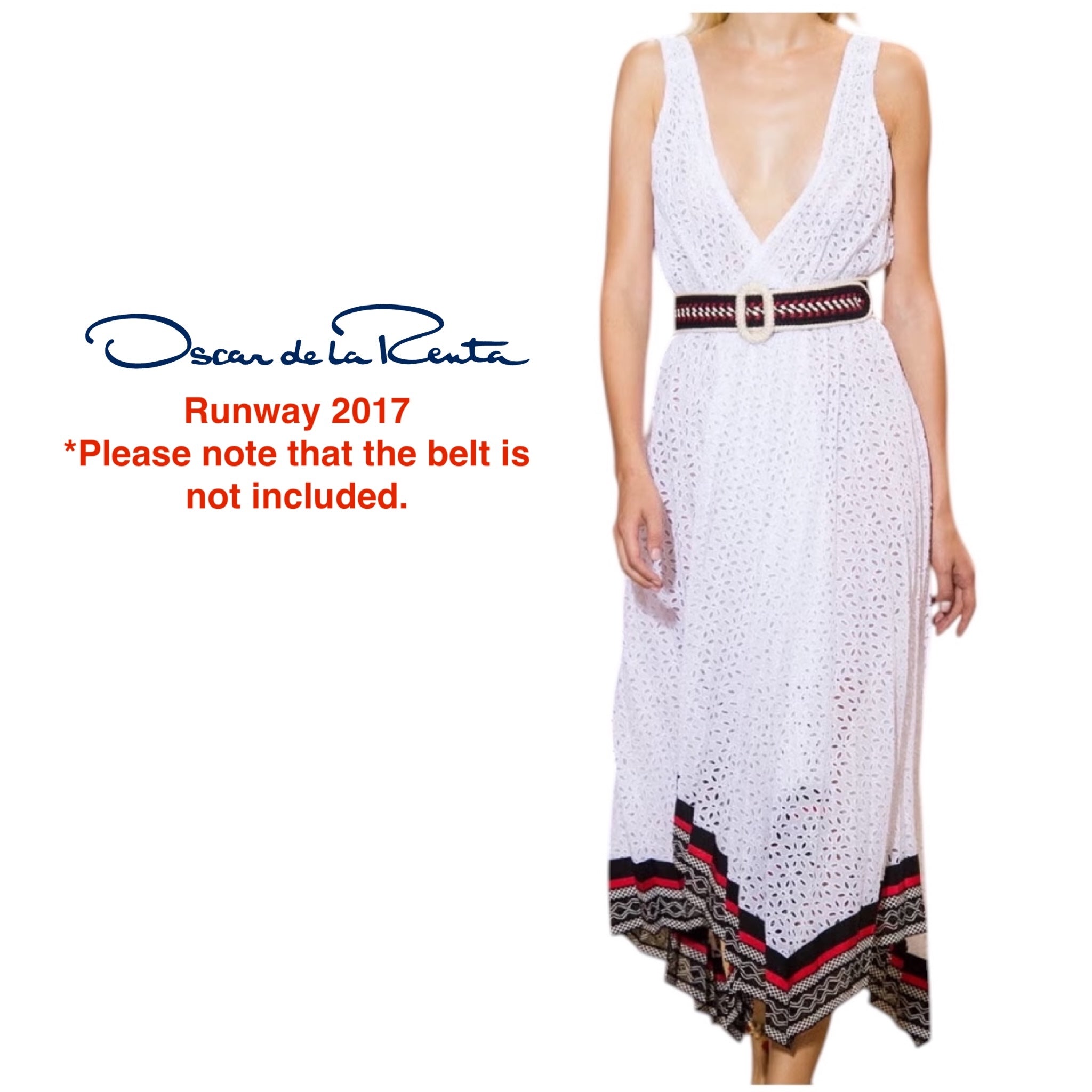Oscar de la Renta White Sleeveless V-Neck Cotton Eyelet Midi Dress