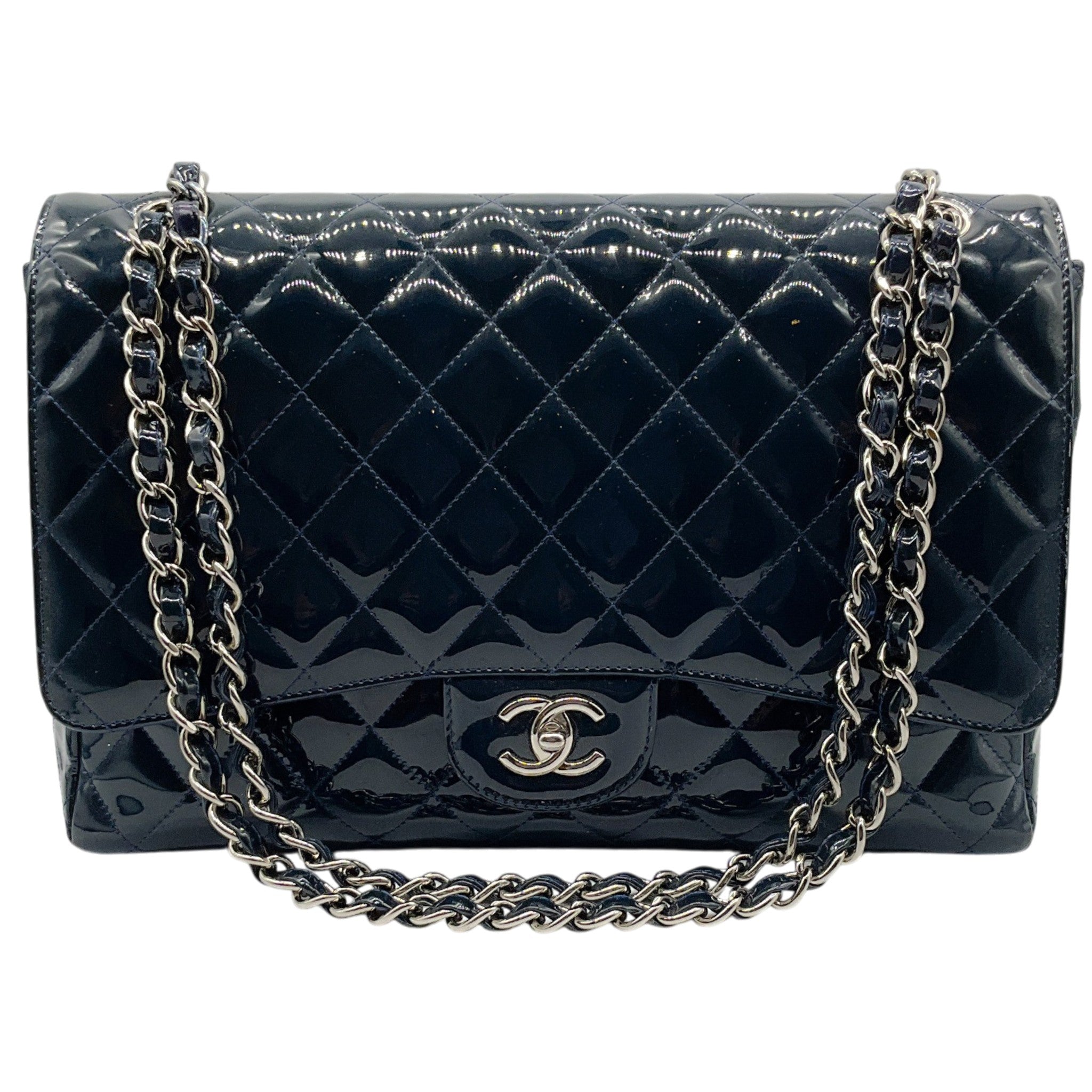 Chanel Navy Blue Patent Leather Maxi Flap Bag
